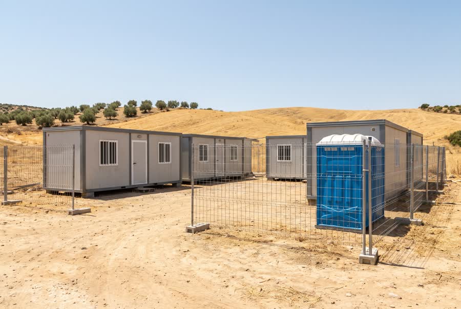 Módulos prefabricados de caseta de obra colocados junto a una construcción