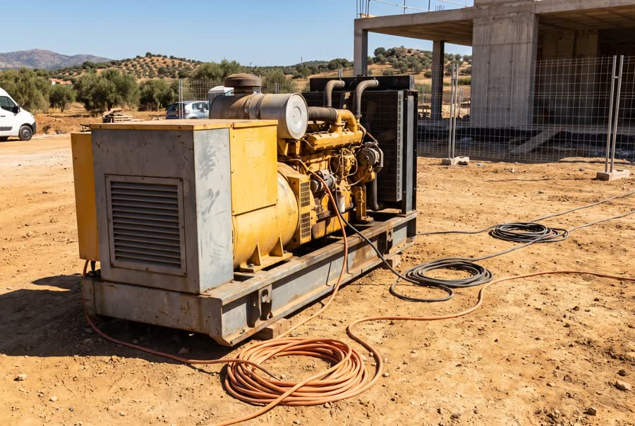 Grupo electrógeno insonorizado sobre bancada dando suministro en una obra