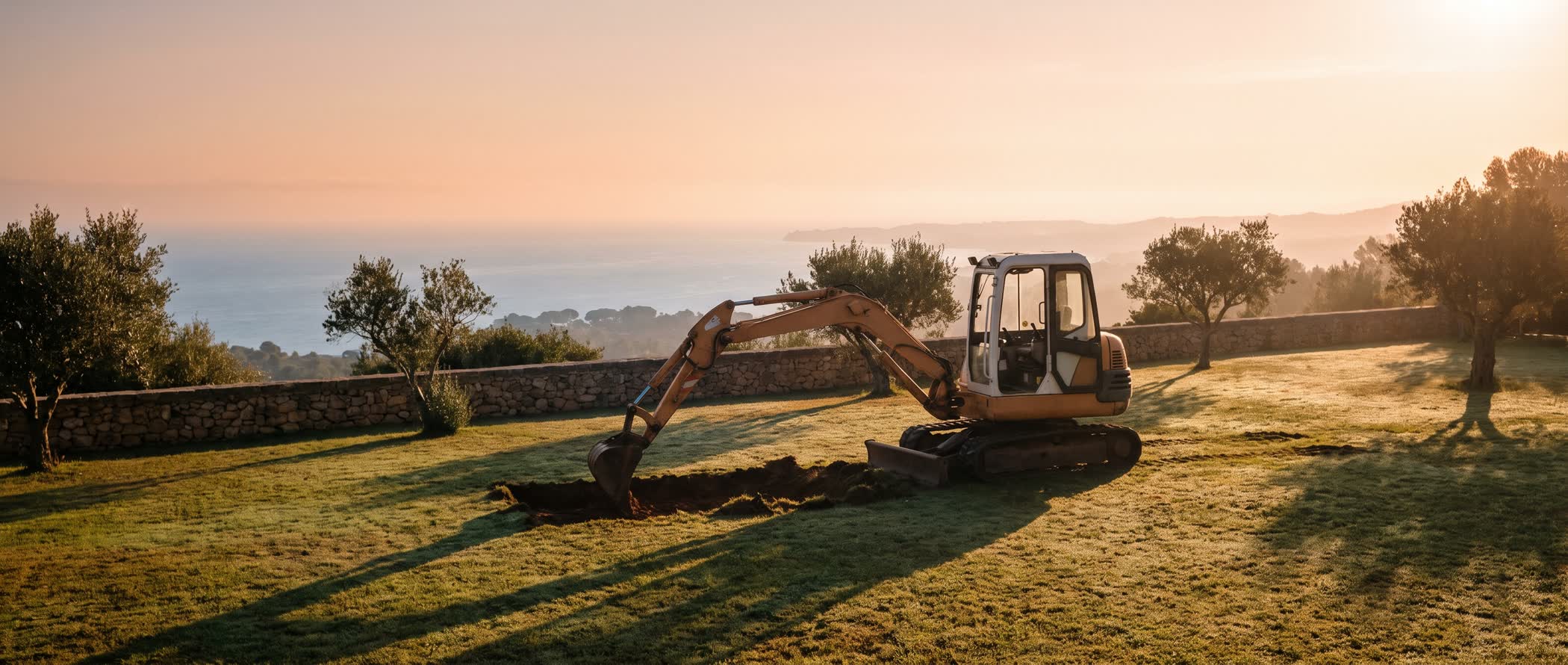 Miniexcavadora excavando una piscina al amanecer