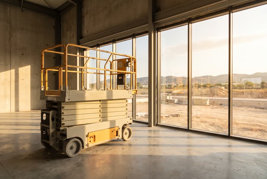 Plataforma elevadora de tijera eléctrica elevada en el interior de una nave industrial